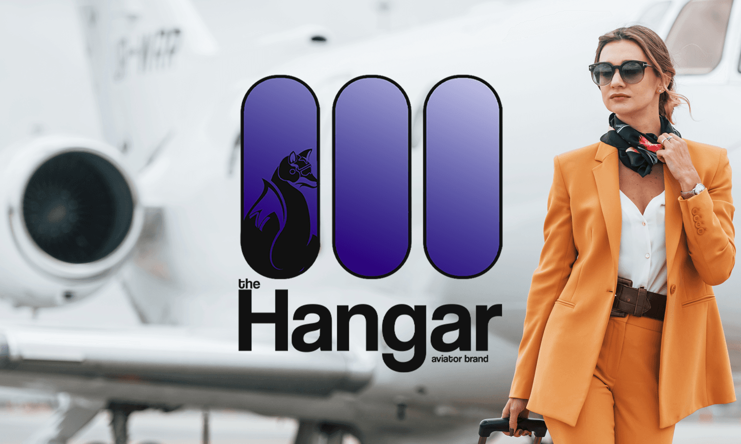 The Hangar Stacked Logo in Context with airplane and stewardess in the background