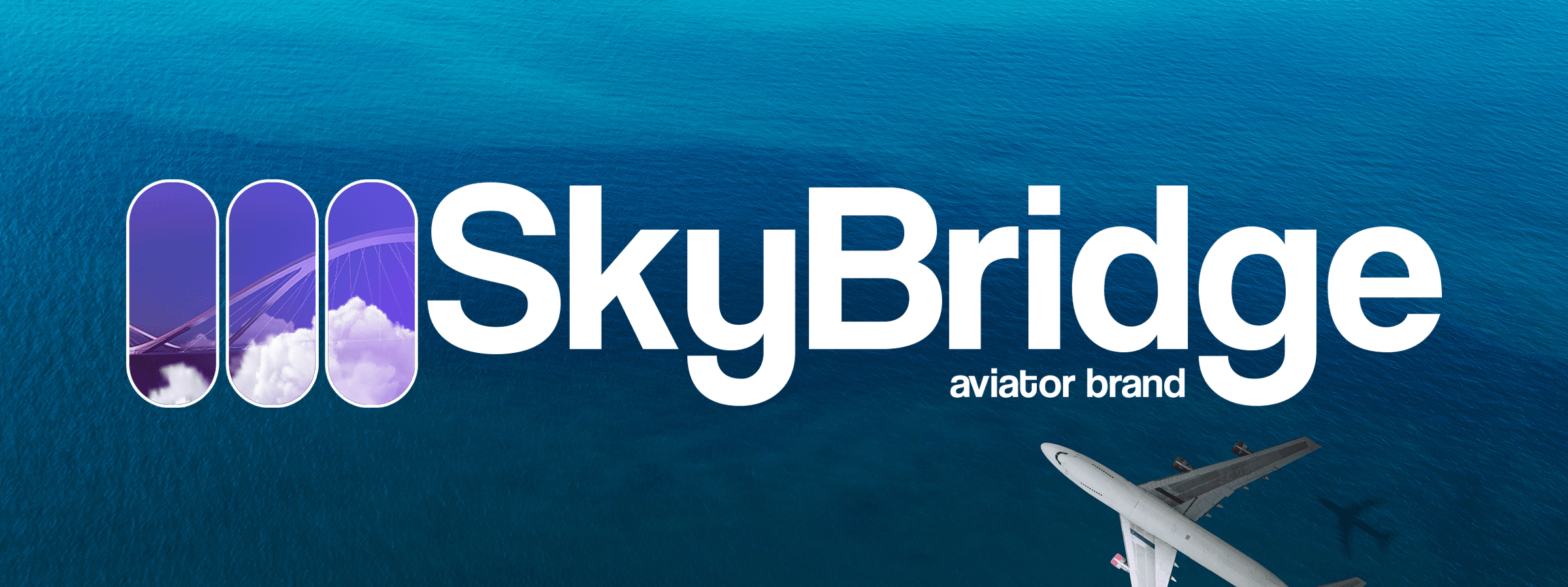 SkyBridge Full Logo in Context with sea and airplane in the background