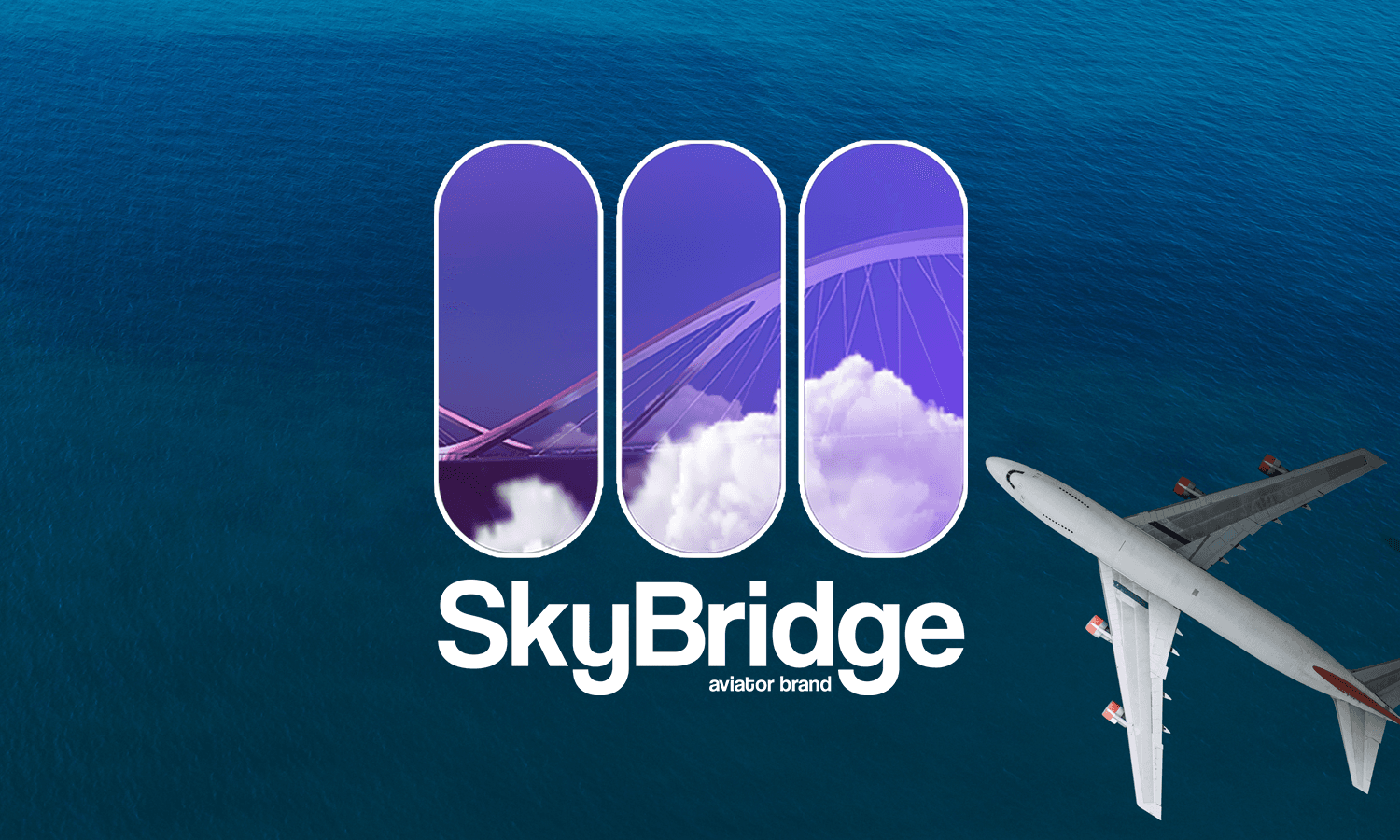 SkyBridge Stacked Logo in Context with sea and airplane in the background